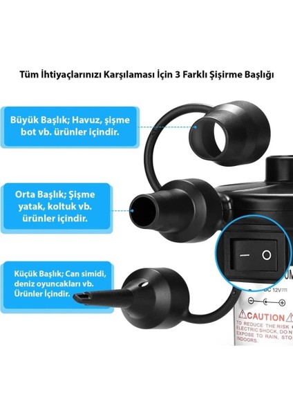 Elektrikli Yatak Şişirme Pompası Vakumlama Çift Fonksiyonlu 3 Başlıklı Araç Çakmak Girişli Elektrikli Hava Pompa fırsatları