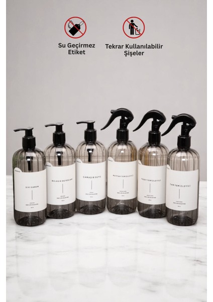 Mutfak Seti Plastik Şişe Sabunluk Seti 6'lı Füme 500 ml