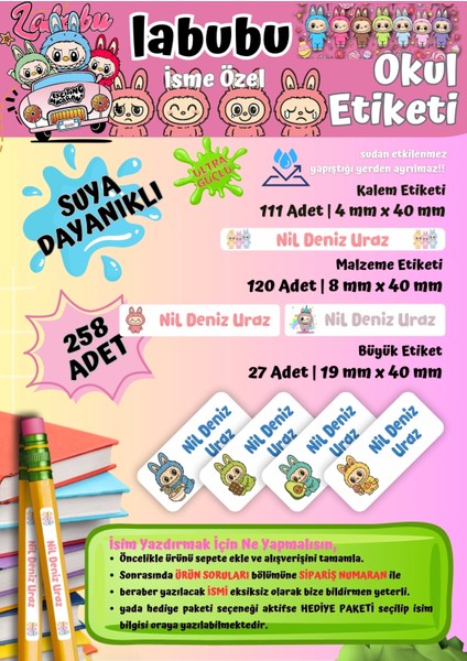 Sevimli Labubu Temalı Kişiye Özel Suya Dayanıklı Okul Etiketi Seti – 258 Adet Isimli Çıkartma