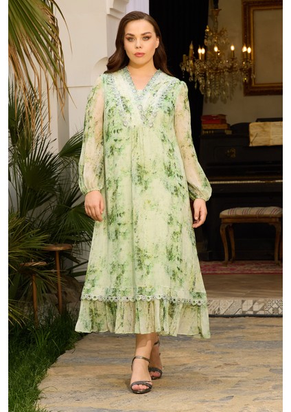 Ithal Emprime Şifon Yaka, Güpür ve Taş Detaylı Fransız Boy Elbise