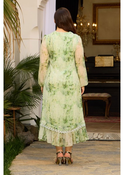 Ithal Emprime Şifon Yaka, Güpür ve Taş Detaylı Fransız Boy Elbise fiyatları