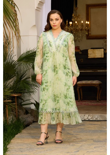 Ithal Emprime Şifon Yaka, Güpür ve Taş Detaylı Fransız Boy Elbise modelleri