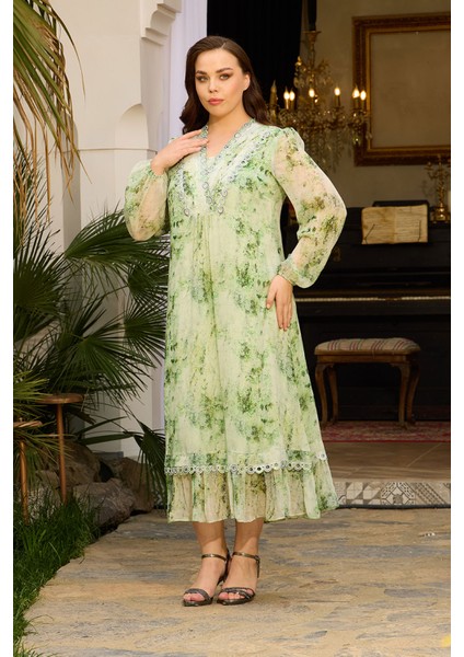 Ithal Emprime Şifon Yaka, Güpür ve Taş Detaylı Fransız Boy Elbise fırsatları