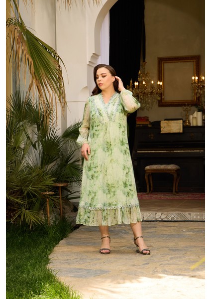 Ithal Emprime Şifon Yaka, Güpür ve Taş Detaylı Fransız Boy Elbise indirimleri