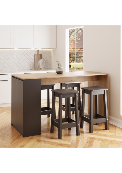 Edgar G4823 4 Adet Antrasit Tabureli Mutfak Adası 160CM Antrasit Ahşap Üst Karşılıklı Oturmalı Masa