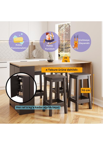 Edgar G4823 4 Adet Antrasit Tabureli Mutfak Adası 160CM Antrasit Ahşap Üst Karşılıklı Oturmalı Masa fiyatları