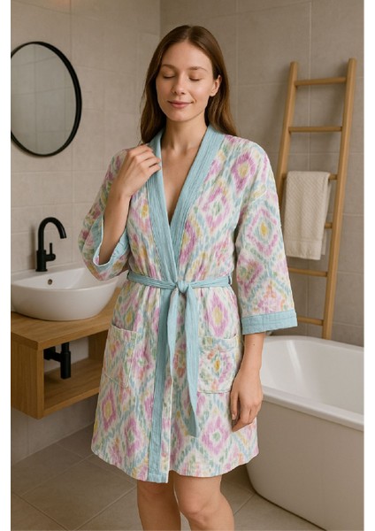 Baskılı Müslin Kimono Bornoz – Unisex | %100 Pamuk Yumuşacık 2 Katlı Doğal Kumaş - ZTMBB10