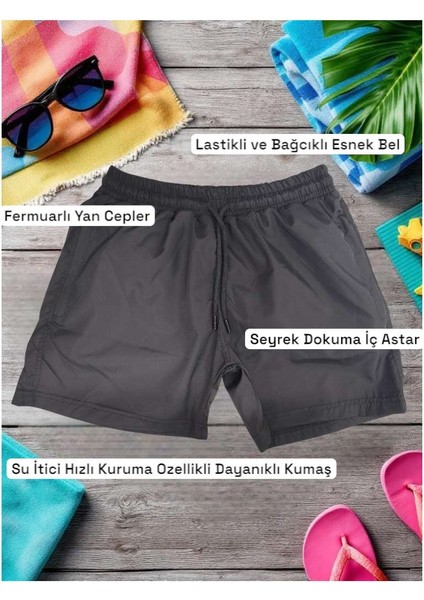 Erkek, Siyah, File Iç Astarlı, 2 Fermuarlı Cepli, Lastikli ve Bağlıklı Bel Hızlı Kuruma Özellikli Mayo Havuz ve Deniz Şortu
