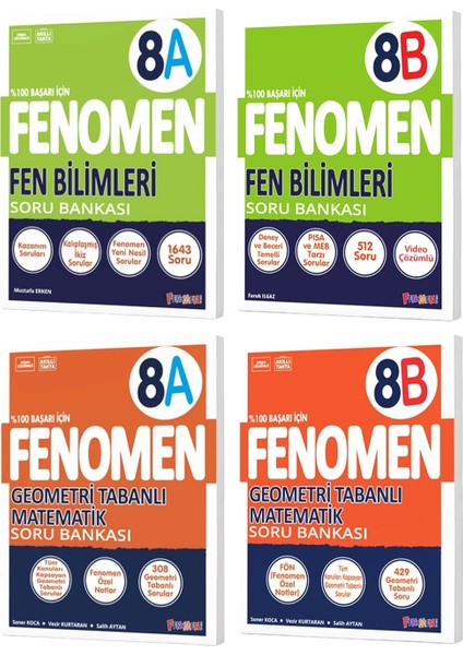 Fenomen Okul 2025 8. Sınıf Fen Bilimleri + Geometri Tabanlı A + B Serisi Soru Bankası Seti 4 Kitap