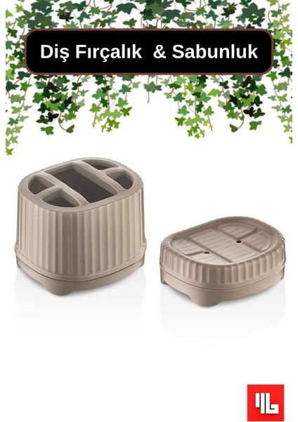 2'li Set Diş Fırçası Diş Macunu Set Üstü Diş Fırçalık Sabunluk 5 Bölmeli Makyaj Organizer Bej