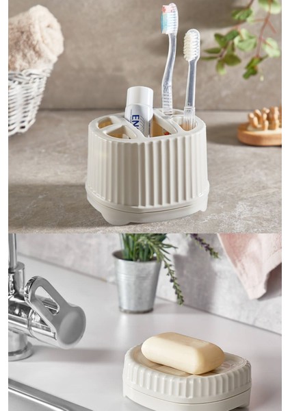 2'li Set Diş Fırçası Diş Macunu Set Üstü Diş Fırçalık Sabunluk 5 Bölmeli Makyaj Organizer Bej fiyatları