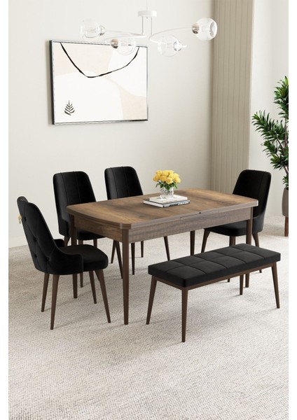 Clara Barok Desen 80X132 Açılabilir Mdf Masa Yemek Odası Takımı,mutfak Takımı 4 Sandalye 1 Bench