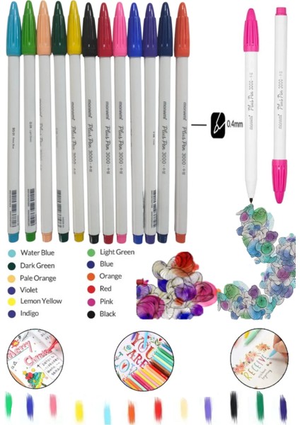 Monami Plus Pen 3000 Water-Based Coloring Marker 12 Colors Set