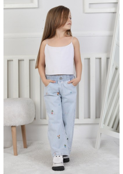 Kız Çocuk Beli Lastikli Bol Paça Çiçek Desenli Işlemeli Açık Renk Kot Pantolon
