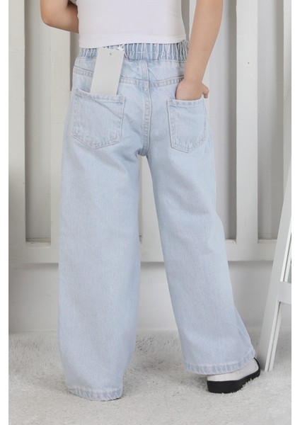 Kız Çocuk Beli Lastikli Bol Paça Çiçek Desenli Işlemeli Açık Renk Kot Pantolon fiyatları