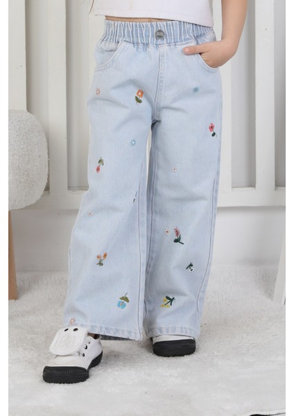 Kız Çocuk Beli Lastikli Bol Paça Çiçek Desenli Işlemeli Açık Renk Kot Pantolon modelleri