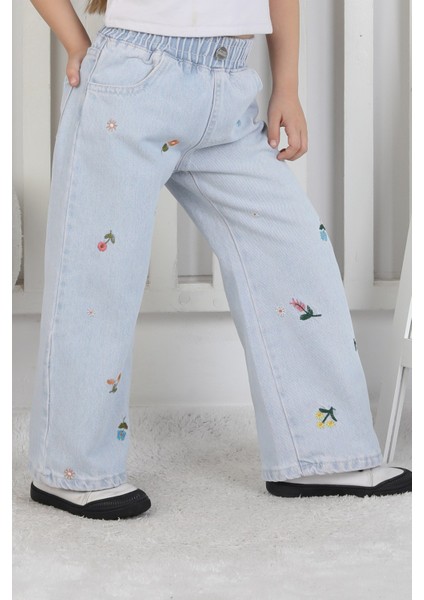 Kız Çocuk Beli Lastikli Bol Paça Çiçek Desenli Işlemeli Açık Renk Kot Pantolon fırsatları