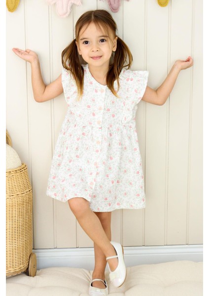 Kız Çocuk Elbise Çiçek Desenli Önden Düğme Detaylı 2-6 Yaş, Ekru