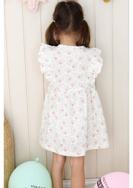 Kız Çocuk Elbise Çiçek Desenli Önden Düğme Detaylı 2-6 Yaş, Ekru fiyatları