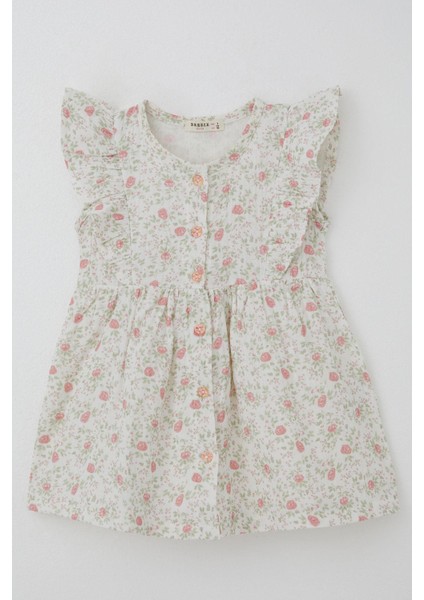 Kız Çocuk Elbise Çiçek Desenli Önden Düğme Detaylı 2-6 Yaş, Ekru fırsatları