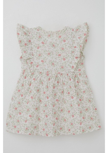 Kız Çocuk Elbise Çiçek Desenli Önden Düğme Detaylı 2-6 Yaş, Ekru indirimleri
