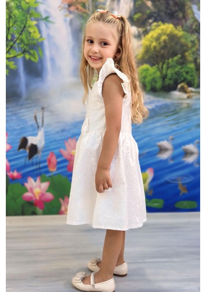 Kız Çocuk Elbise Çiçek Nakışlı Fiyonk Aksesuarlı 2-6 Yaş, Ekru fiyatları