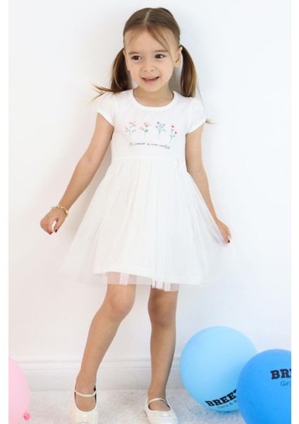 Kız Çocuk Elbise Çiçek Baskılı Tüllü Fiyonk Detaylı 1.5-5 Yaş, Ekru