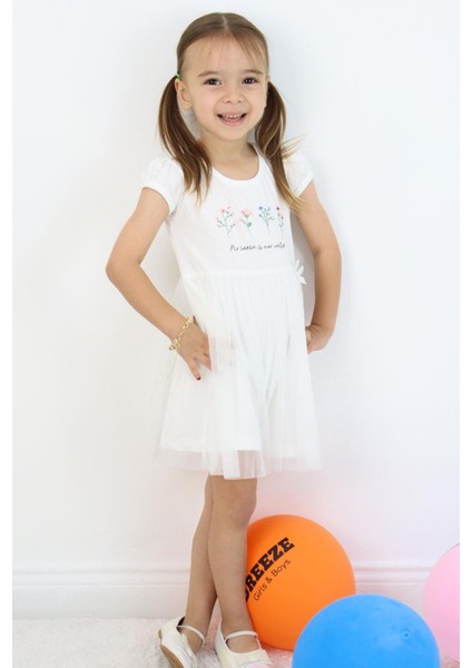 Kız Çocuk Elbise Çiçek Baskılı Tüllü Fiyonk Detaylı 1.5-5 Yaş, Ekru fiyatları