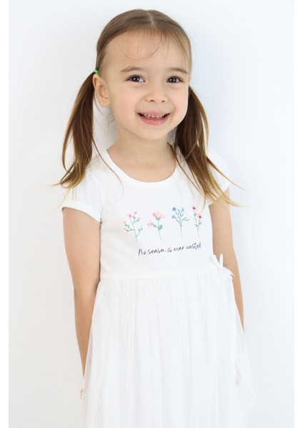 Kız Çocuk Elbise Çiçek Baskılı Tüllü Fiyonk Detaylı 1.5-5 Yaş, Ekru fırsatları