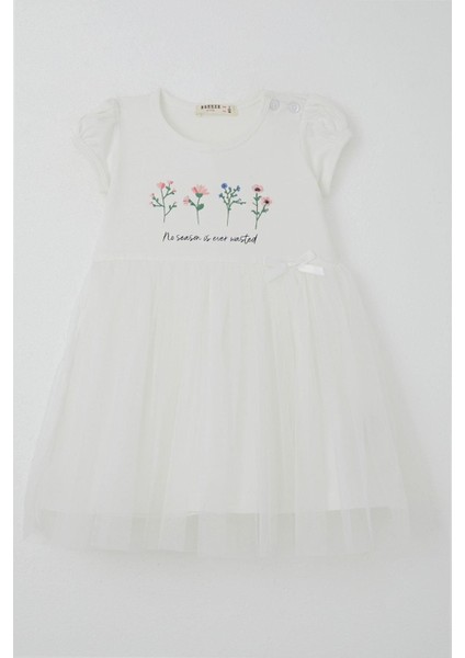 Kız Çocuk Elbise Çiçek Baskılı Tüllü Fiyonk Detaylı 1.5-5 Yaş, Ekru indirimleri