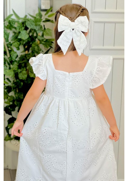 Kız Çocuk Elbise Çiçek Nakışlı Arka Kısmı Fermuarlı 3-8 Yaş, Ekru modelleri