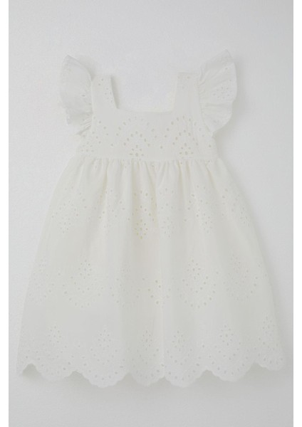 Kız Çocuk Elbise Çiçek Nakışlı Arka Kısmı Fermuarlı 3-8 Yaş, Ekru fırsatları