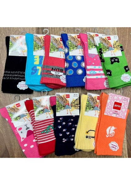 Desenli Renkli Likralı Kız Çocuk Çorap (12 Adet) 2-11 Yaş Arası Bedenli