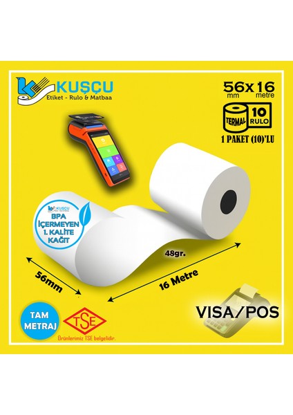 10 Adet 56X16 Tse Belgeli - Bpa Içermeyen - Visa,pos,yazar Kasa - Kuşçu Etiket