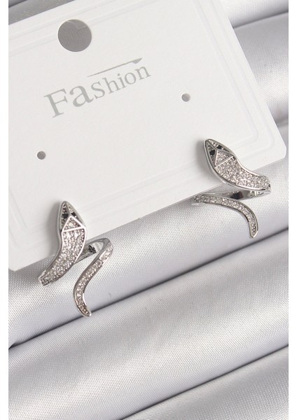 Pirinç Gümüş Renk Zirkon Taşlı Yılan Model Kadın Küpe