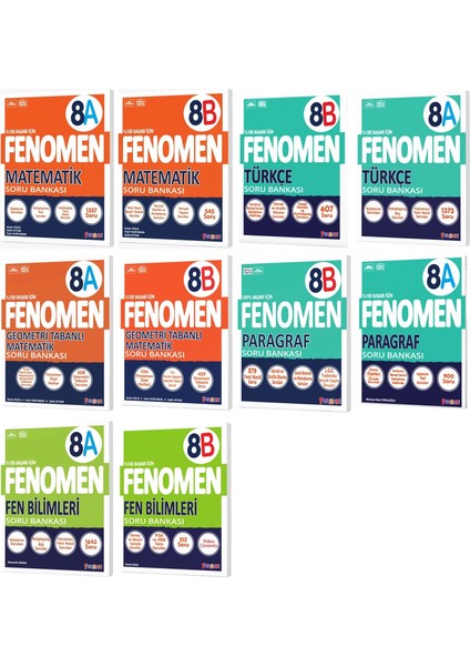 Fenomen Okul 2025 8. Sınıf Matematik + Türkçe + Fen + Geometri + Paragraf A + B Serisi Soru Bankası Seti 10 Kitap