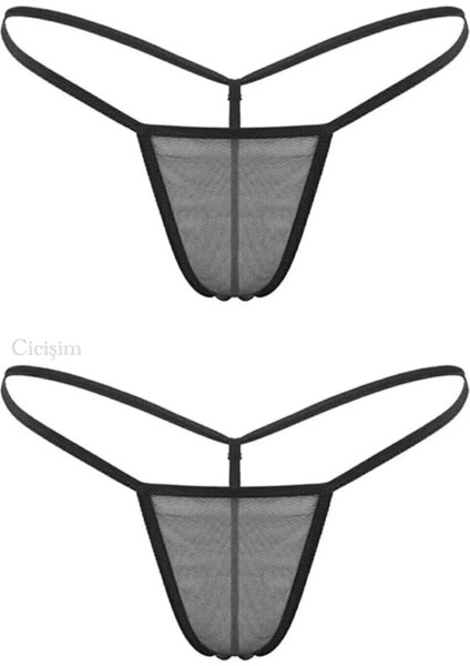 Siyah 2'li Tül Transparan String Tanga Iç Giyim