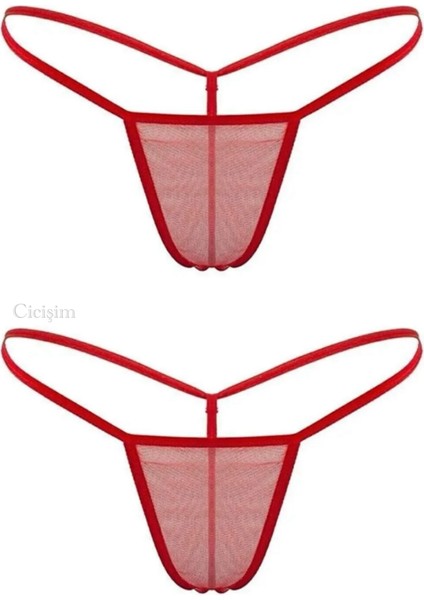 Kırmızı 2'li Tül Transparan String Tanga Iç Giyim
