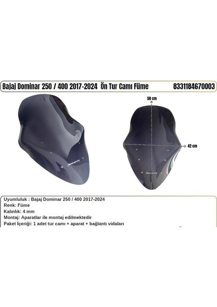 Bajaj Dominar 250/400 Füme (2017-24) Uzun Tur Camı
