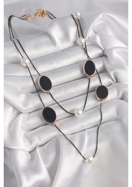 Pirinç Siyah Renk Zincir Inci Detaylı Çoklu Kadın Kolye fiyatları