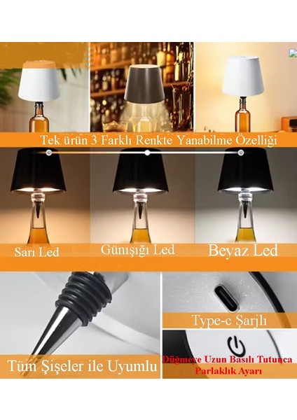 3 Renk Ledli Şık Dokunmatık Şarjlı Dim Ayarlı Masa Lambası - Şişe Lambası (Şişeye Takılır)