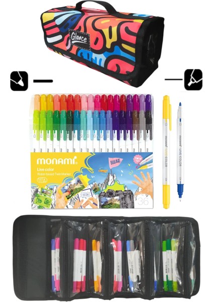 4 Bölümlü Renkli Desen Kalem Çantası Monami Live Color Su Bazlı 36`lı Marker Water Based Twin Set