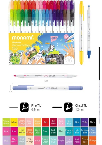 4 Bölümlü Renkli Desen Kalem Çantası Monami Live Color Su Bazlı 36`lı Marker Water Based Twin Set fiyatları