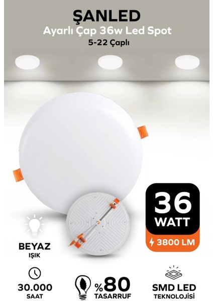 Ayarlı Çap 36W Beyaz Işık LED Spot (5-22 Çaplı ) 1 Adet