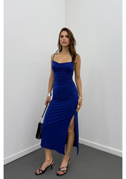 Roxana Yırtmaçlı Degaje Yaka Kalem Elbise