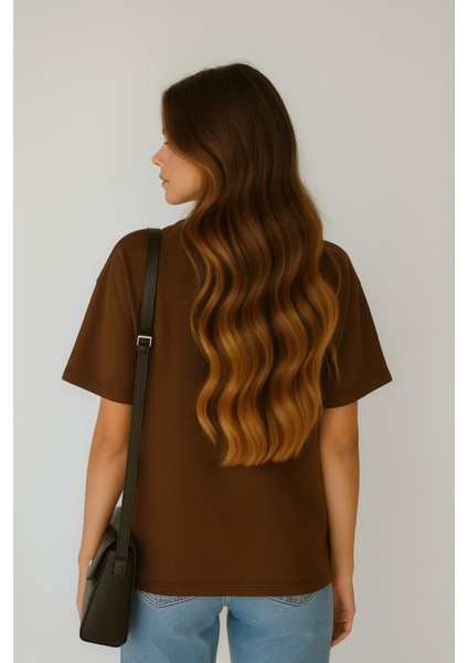 Store %100 Organik Pamuk Nefes Alan Tok Yumuşak Dokulu Premium Yarım Oversize Bisiklet Yaka Basic Kadın/Unisex Tişört Kahverengi fiyatları