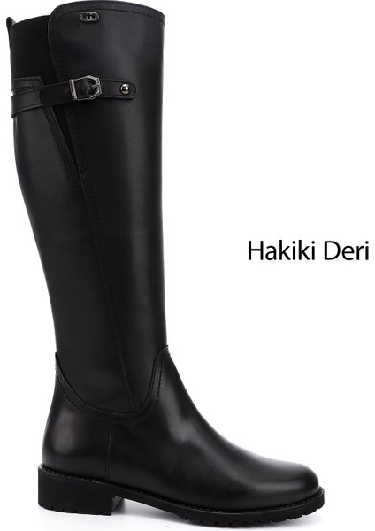 Kadın Siyah Fermuarlı Kauçuk Taban Hakiki Deri Çizme