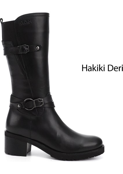 Kadın Siyah Fermuarlı Kalın Topuklu Hakiki Deri Çizme