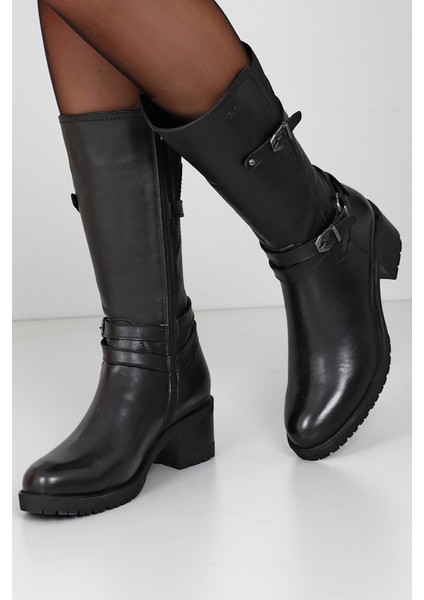 Kadın Siyah Fermuarlı Kalın Topuklu Hakiki Deri Çizme fiyatları