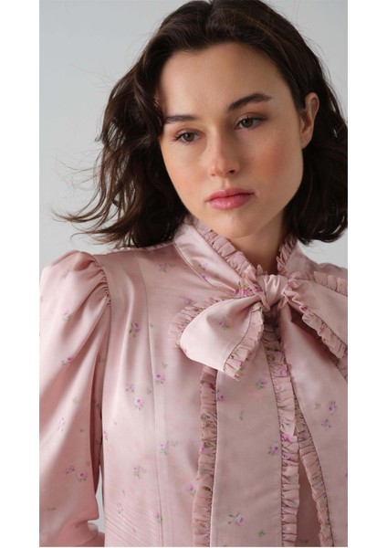 Önü Fularlı Desenli Elbise Pembe modelleri